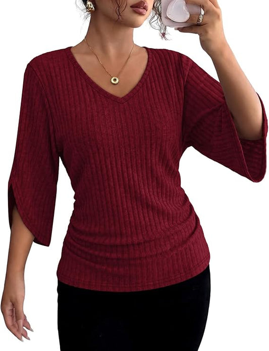 Women’s Ribbed V-Neck Top with 3/4 Split Sleeves