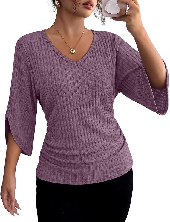 Women’s Ribbed V-Neck Top with 3/4 Split Sleeves