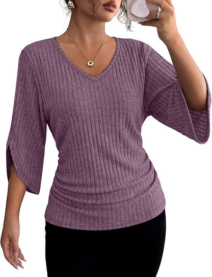 Women’s Ribbed V-Neck Top with 3/4 Split Sleeves
