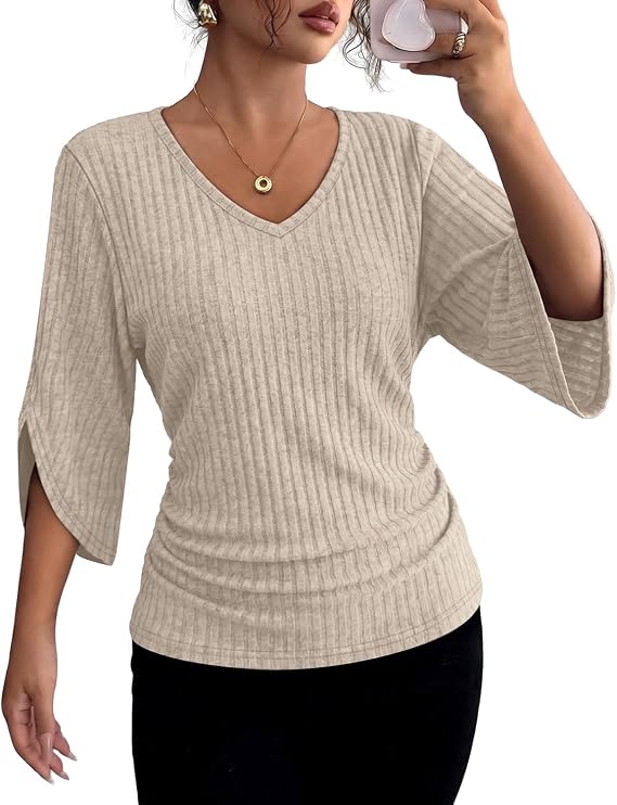 Women’s Ribbed V-Neck Top with 3/4 Split Sleeves