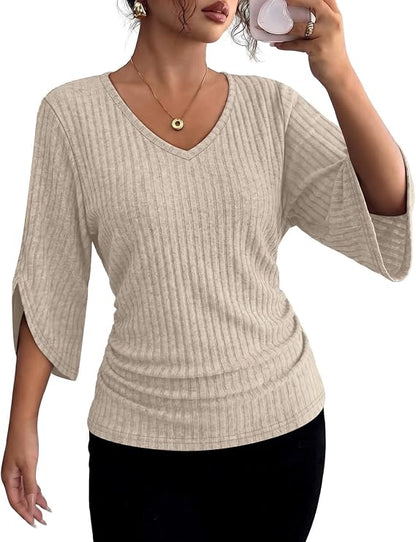 Women’s Ribbed V-Neck Top with 3/4 Split Sleeves