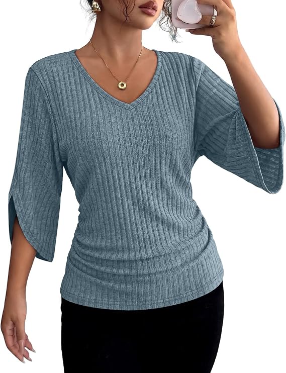 Women’s Ribbed V-Neck Top with 3/4 Split Sleeves