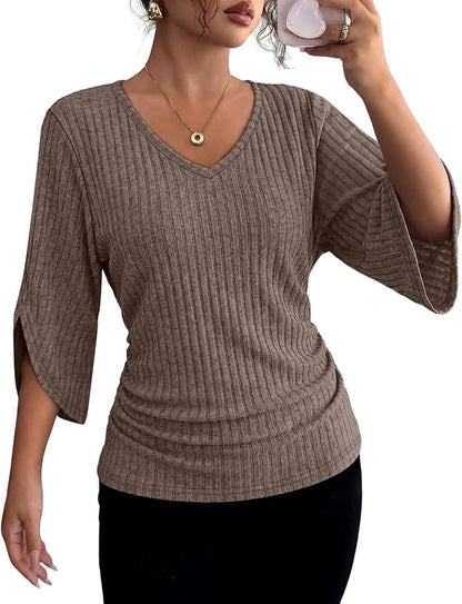 Women’s Ribbed V-Neck Top with 3/4 Split Sleeves