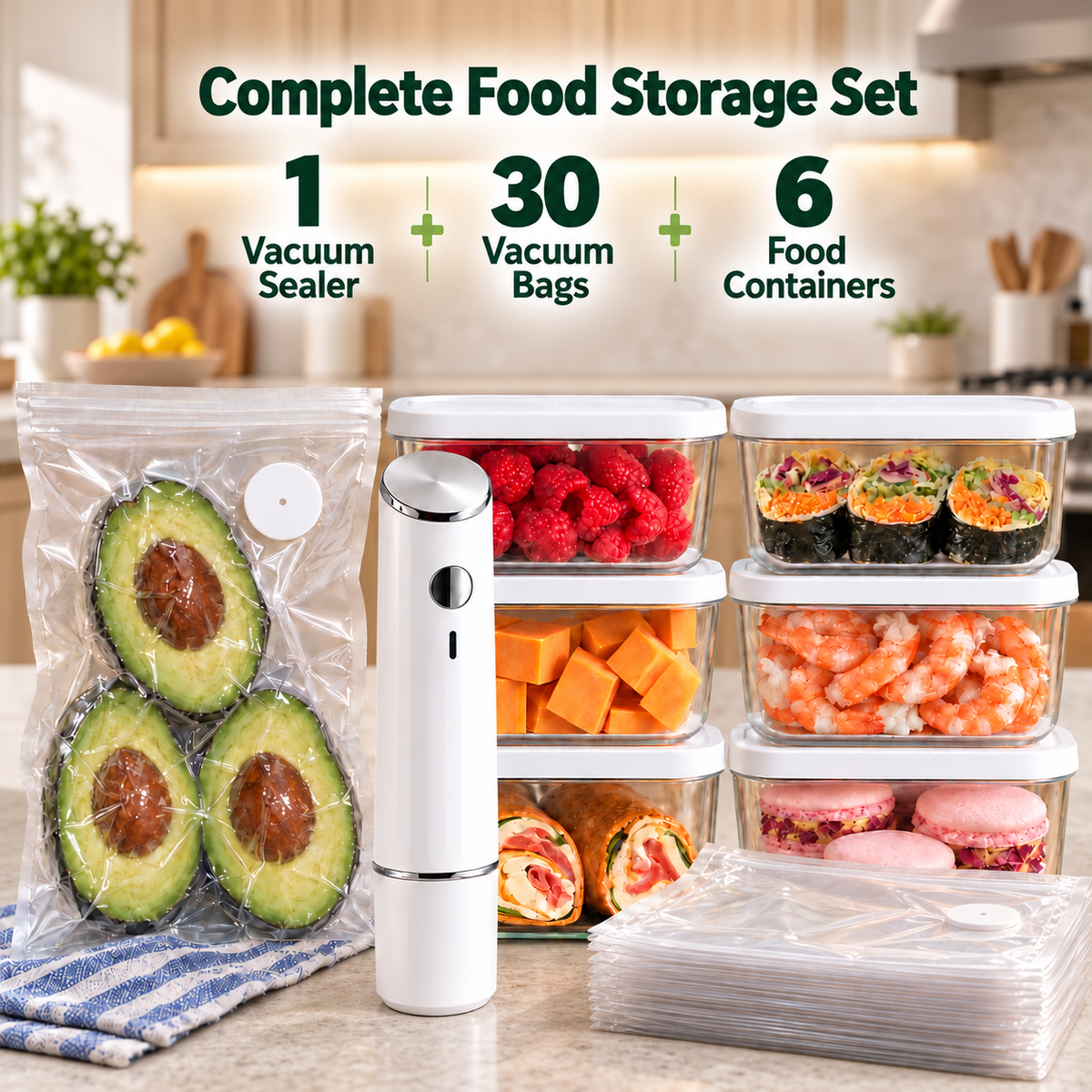 Portable Vacuum Food Sealer Bundle | Keeps Food Fresh 5x Longer
